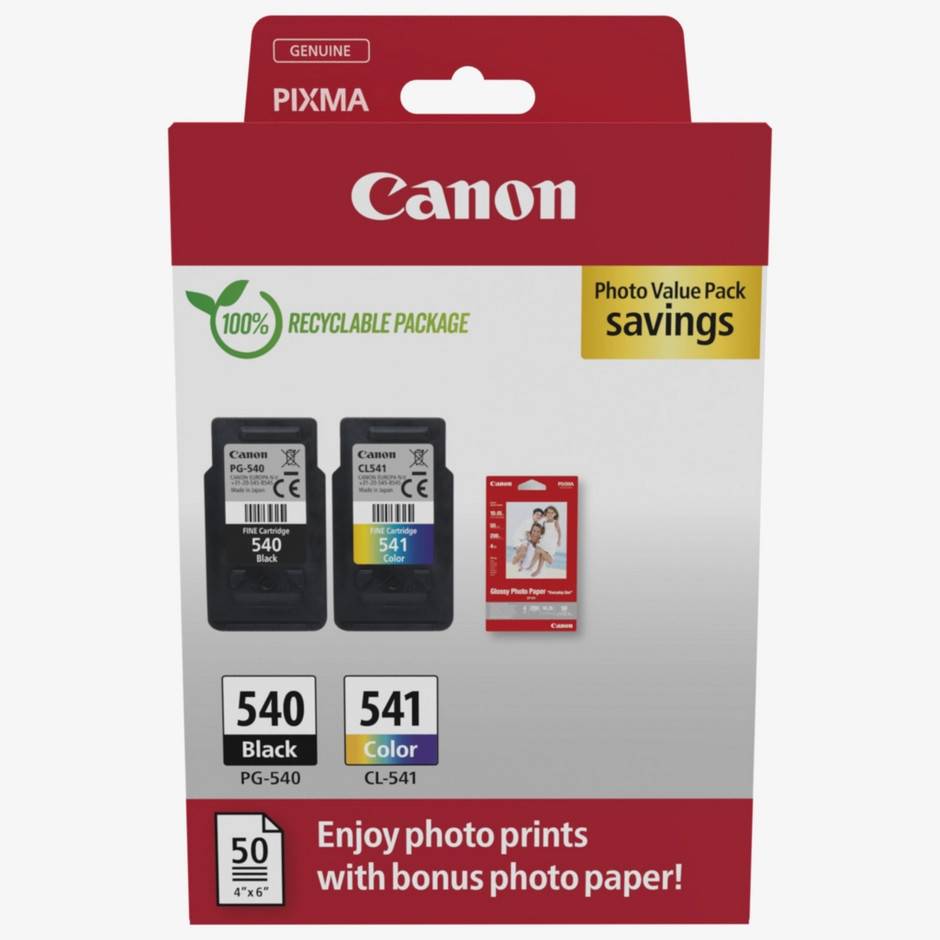 Value pack med Canon PG-540/CL-541-blækpatron + fotopapir