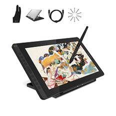 HUION Kamvas 16 Grafiktablett mit Display, 15,6 Zoll，8192 Stufen Batterieloser Stift, 10 Tasten Zeichentablett Bildschirm, Verstellbarem Ständer