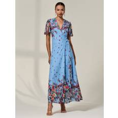 Jolie Moi Jolie Moi Blue Floral Print Mirror Wrap Maxi Dress - 44