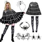 Halloween spindelkostym, 6 stycken kostym spindel damer, kostym halloween damer, spindeldräkt för vuxna med poncho, mask, diadem, örhängen för vuxna halloween karneval cosplay