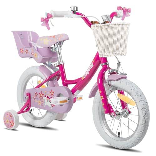 JOYSTAR Enhörningscykel 14 tum för flickor 3–5 år, barncykel med docksäte och stabiliserande hjul, lila