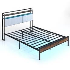 King Size sängram med LED-ljus & laddstation & vadderad sänggavel metallram sängram