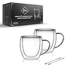 LIBWYS 2-pack 250 ml kaffemuggar med dubbla väggar med 2 skedar, cappuccino latte tekoppar med handtag, värmebeständiga dricksglas cappuccino kopp