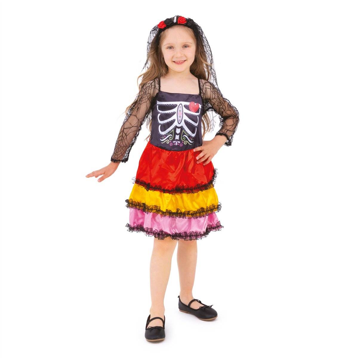 Mexicansk Skeletkjole med Slør og Hårbånd 120-130 cm