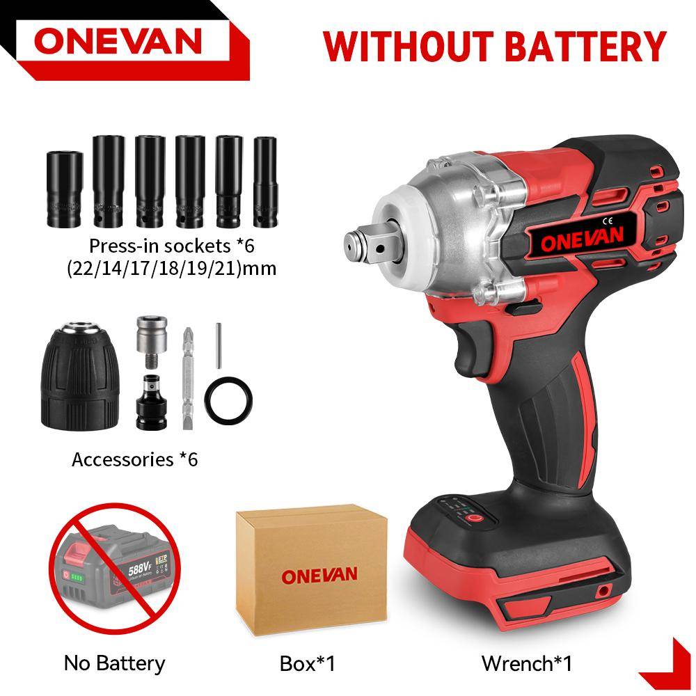 ONEVAN 520N.M Borstlös Elektrisk Slagnyckel Sexkantsuttagssats 1/2 tum Sladdlös Skruvdragare Elverktyg För Makita 18V Batteri Stift No Battery-12pcs Set