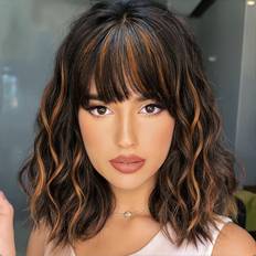 TEMU Synthetic Short Bob Wig In Black And Brown With Bangs, Featuring Wavy Curls, Designed For Women. It Looks Natural And From Heat-resistant Fiber, Everyday Wear Or Parties.