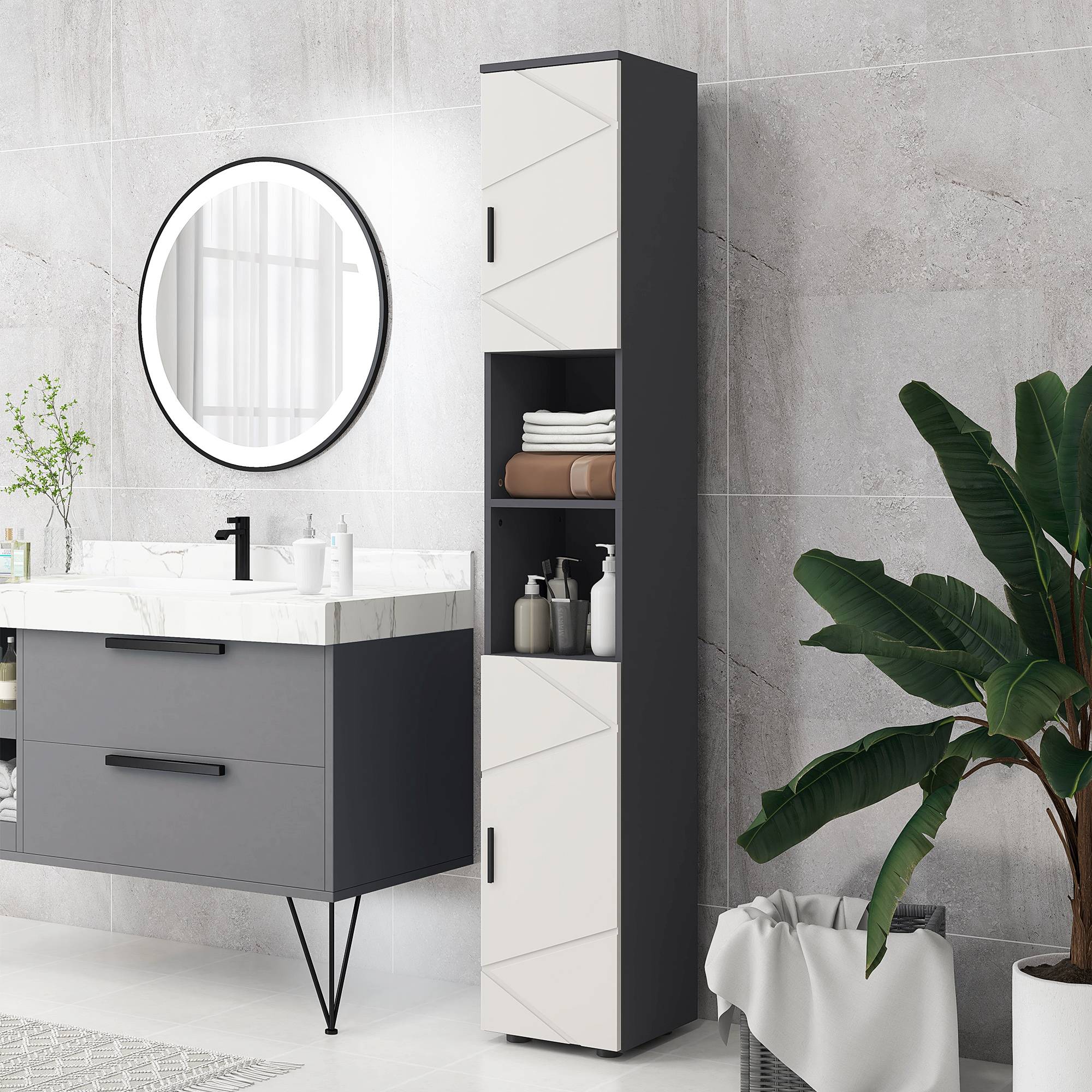 Slim badeværelsesskab, højt toiletskab med justerbar hylde og 2 åbne rum, badeværelsesskab til små rum, badeværelse, stue 30 x 30 x 183 cm grå.