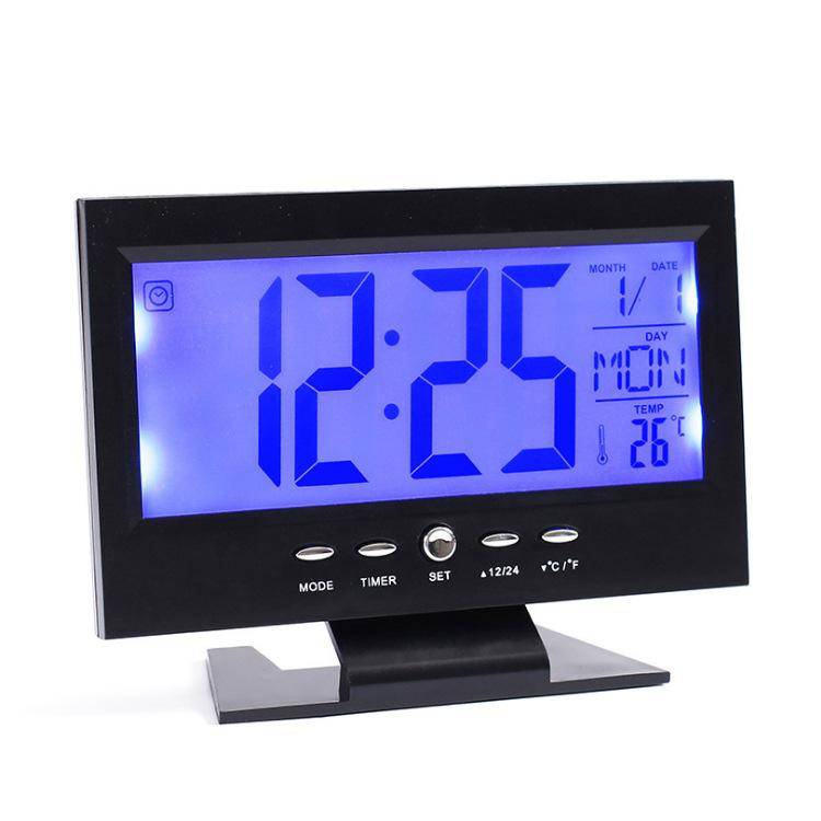 LCD-storskärm Röststyrning Elektronisk bordsklocka Tyst nattljus Snooze Studentbakgrundsbelysning Väckarklocka Temperatur Kalender Display Skrivbordsk