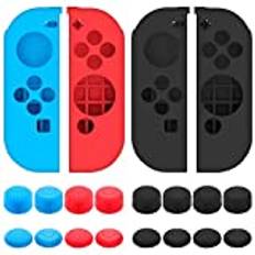 SENHAI Fodral kompatibelt med Nintendo Switch Joy-Con-kontroller med skyddsgrepp, 2 par silikonjoysticks fodral med 16 pinnar – svart, blå + röd