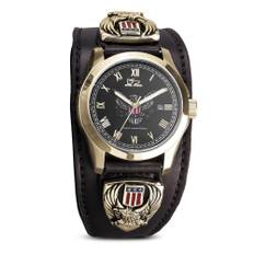 Patriot Men's Watch, Genuine Leather Cuff Style Strap, American With Flag Detail, Solid Stainless Steel, 18k Gold Finish,