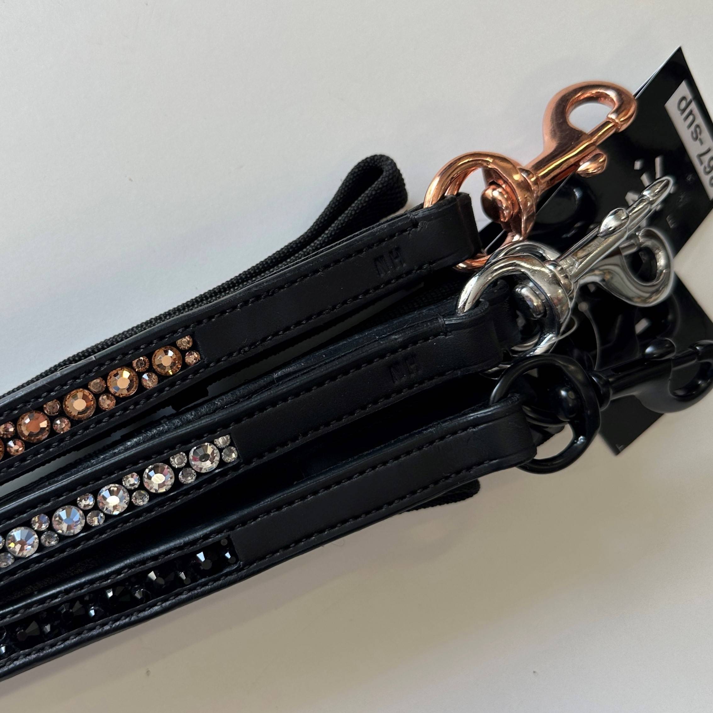 Nordic Horse Super grip tøjle med sten ALL BLACK/ROSEGOLD/WHITE Prisen er inkl. moms og ekskl. fragt