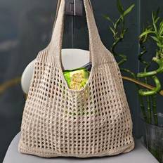 Back To School,Women Girls Knitted Shoulder Bags Retro Hollow Woven Large Capacity Floral Decor Shopper Handbags Crochet Bag Crochet Bags For Women Su - Khaki