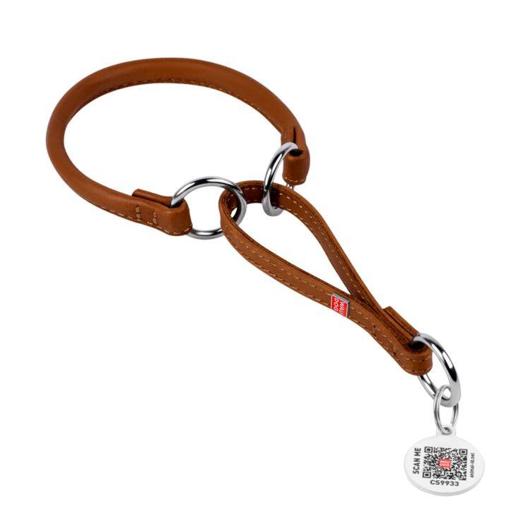 WAUDOG Soft Halvstryp Rundsytt Läderhalsband med Smart-ID Bricka, Brun (S)
