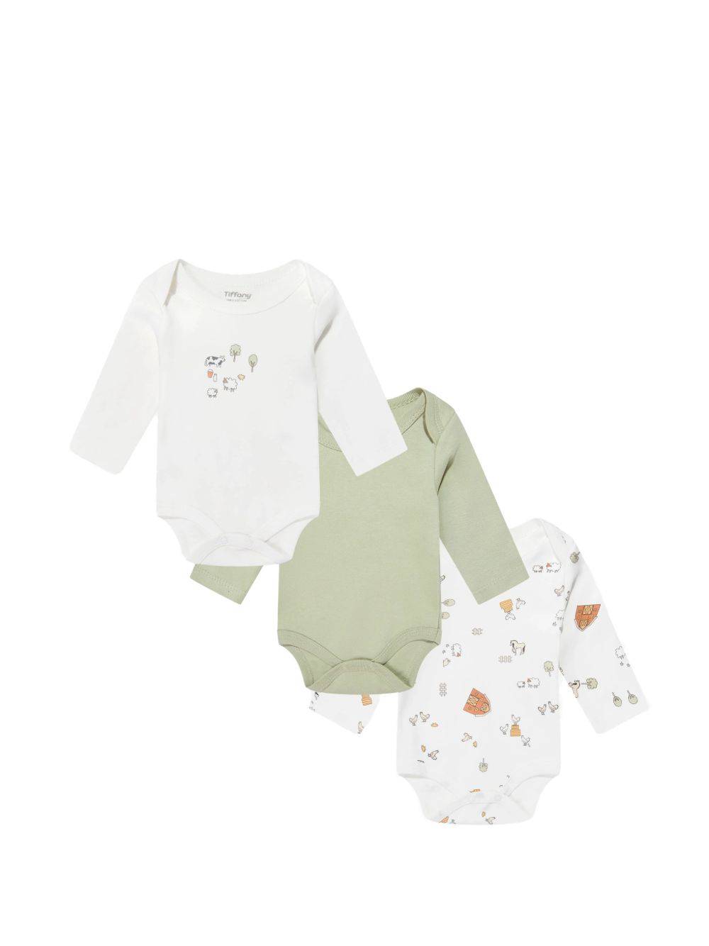 TIFFANY KIDS - 3-pack långärmade bodies med bondgårdstryck - barn - ekologisk bomull - 3 mån. - Vit