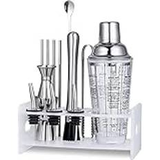 QTANZIQI Cocktail Shaker Bartender Kit med stativ, Boston Shaker, mixersked, muddler, mätjigger, tång, korkskruv, professionella barverktyg (silver)