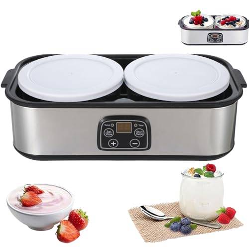 Automatisk yoghurtmaskin, 2 l justerbar temperatur och timer elektrisk yoghurtberedare med LED-display och 2 glasbehållare, perfekt för beredning av ekologisk yoghurt, mejeriprodukter, ost, natto