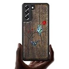 Carveit Träfodral kompatibelt Samsung S22 Plus Cover [Holzgravur & Muschel Inlay] Med TPU-stötfångare Galaxy S22 Plus Stötsäkert trä Hybridfodra (valnötsträ-En flora och fågeldans)