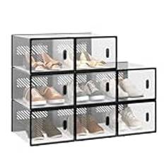 WOLTU Skolåda, stapelbar, set om 8, skolåda med magnetisk dörr, plastlåda för skoförvaring, vikbar skoförvaring, 35 x 19 x 25 cm, transparent, svart, SRX11stp