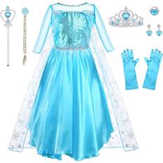 ELSA Kostume Børn Piger 9 Dele Sæt ELSA Kjole Børn med Krone Tiara Handsker Tryllestav til Jul Udklædning Karneval Halloween Fødselsdagsfest