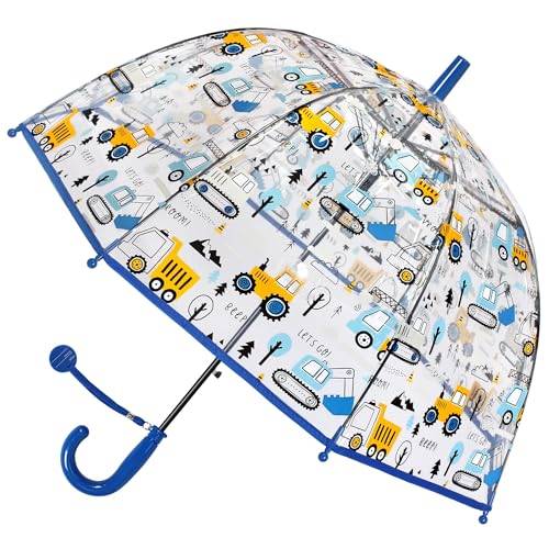 Kinder Regenschirm mit Kuppeldach Leichtes Niedliches Lustiges Design, Wind- und Regenschutzschirm,Stockschirm in Glockenform Transparent - Geschenke für Kinder (Blue Digger)