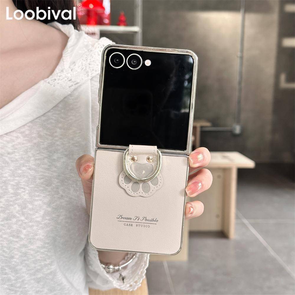 Tecknad Kattklo Ring PU-läder Fodral för Telefon Samsung Galaxy Z Flip7 FE Flip 6 5 4 7 Flip5 Lyxigt Galvaniserat Stötfångarskydd
