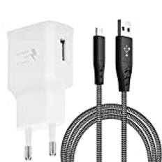 Adaptiv Snabbladdare med USB-C Nylon Snabbladdningskabel 2M, Original Snabbladdning QC3.0 Kompatibel med Samsung Galaxy S8/S9/S10 Plus/S10e/S20/S21/S22/A51/A40/A30/A20/Z Flip3, Note 8/9/10, LG, HTC 10