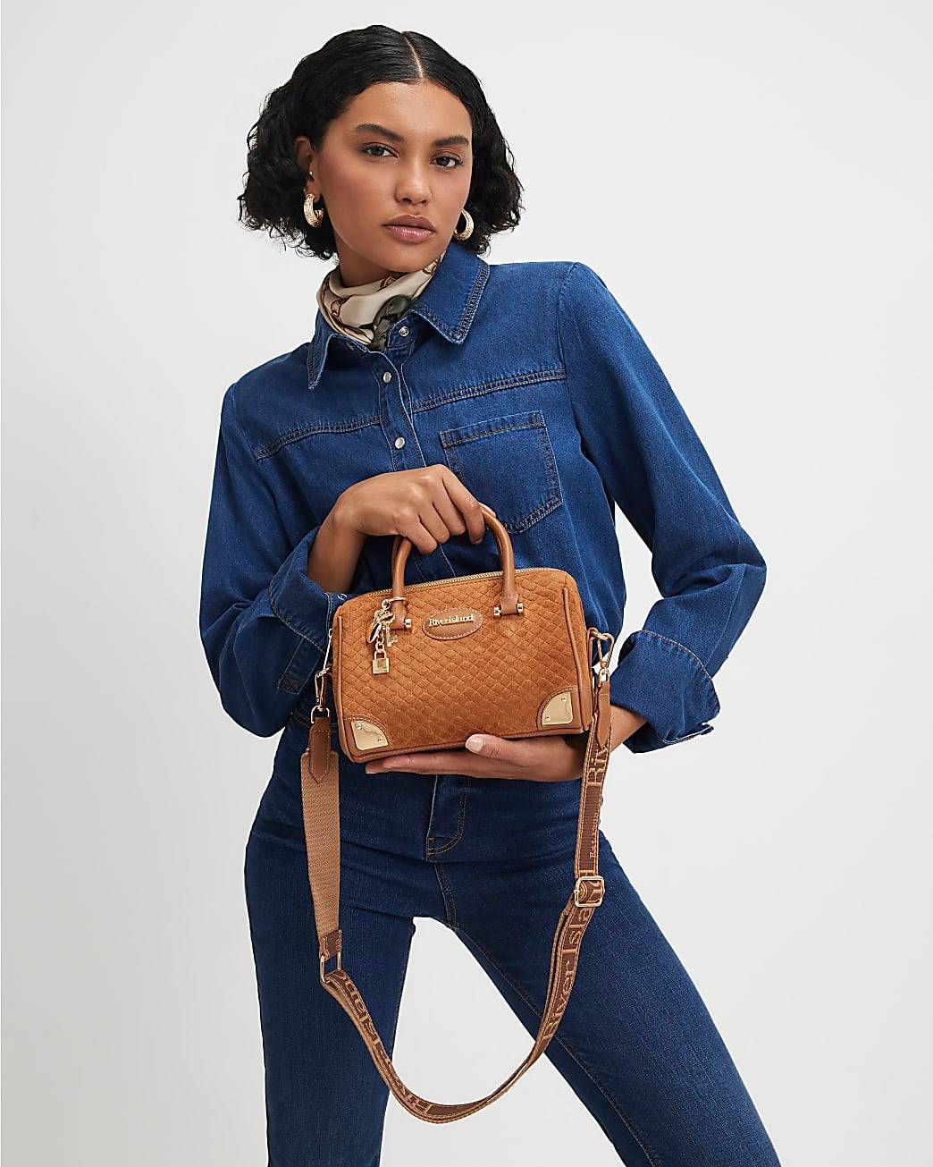 Brown Faux Suede Metal Corner Bowler Bag