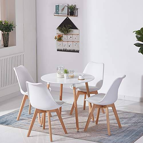 Dorafair Set med runt matbord och 4 vita stolar i skandinavisk stil, för kök, matsal, kontor