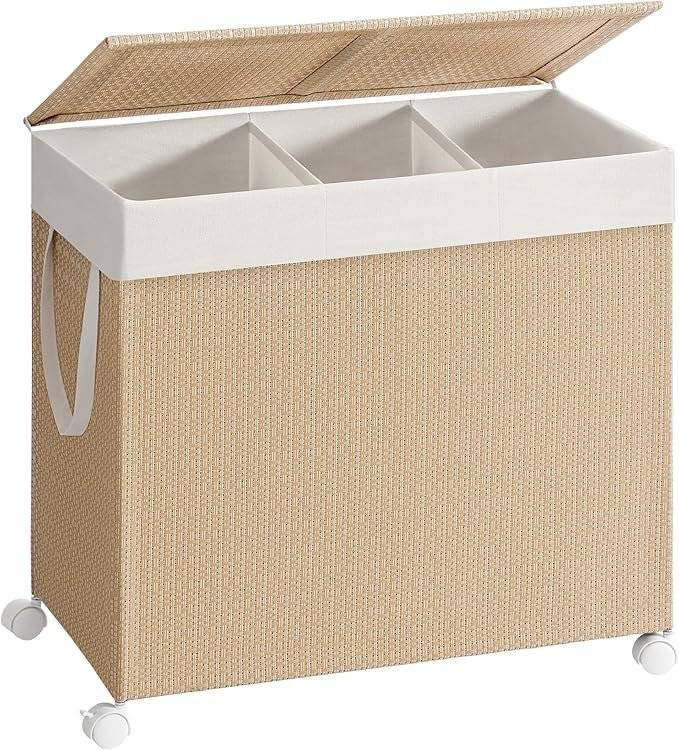 Tvättkorg med 3 sektioner, stor 140 l rullande tvättkorg med hjul, beige och mattvit
