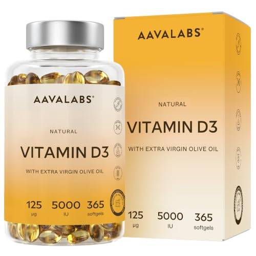 Vitamin D3 Hochdosiert Depot 5000 IU 365 Kapseln - Vitamin D3 5000 IE mit kaltgepresstem nativem Olivenöl Extra für optimale Absorption - Vitamin D Hochdosiert Ohne Gentechnik, glutenfrei, laktosefrei