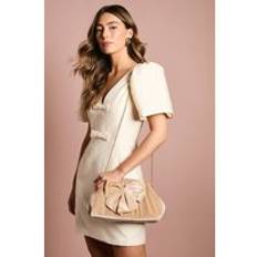 Large Bow Velvet Ruched Large Clutch Bag, Beige - One Size