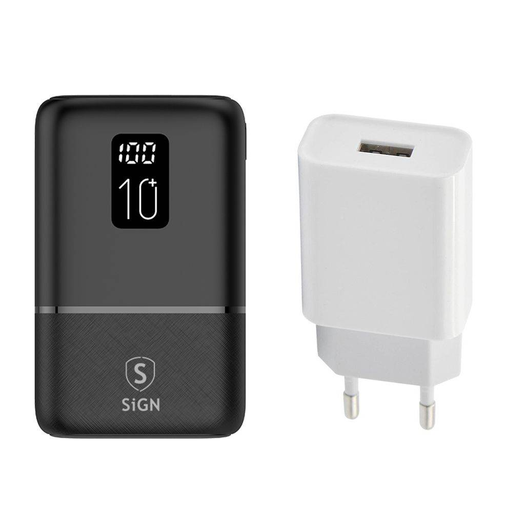 SiGN Mini QC Powerbank 10000mAh med väggladdare 20W