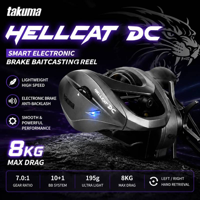 HELLCAT DC Baitcasting Reel 8KG Max Drag 7.0:1 High Speed Electronic Brake Fishing Reel 10+1BB Lightweight Anti Backlash