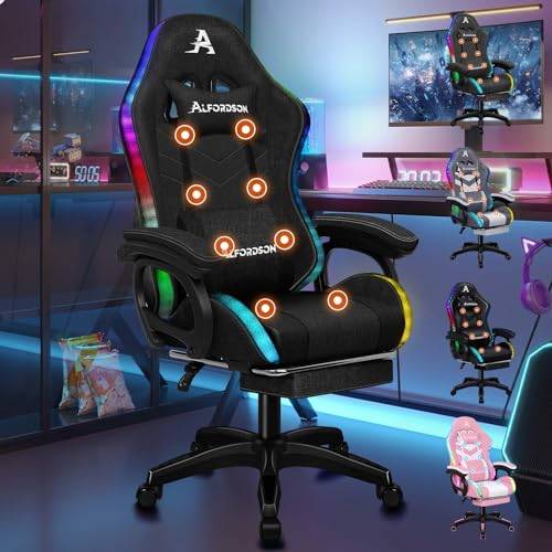 ALFORDSON Gamer-Stuhl Gamer Stühle RGB LED Racing PC-Gaming-Sessel Massage Bürostuhl ergonomisch Schreibtischstuhl Fußstützen, 90-150°Neigungswinkel,180 kg belastbar, Stoff, Schwarz