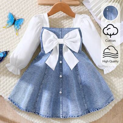 Babyflicka långärmad denimklänning med rosett, fyrkantig halsringning, patchwork i blått och vitt, vävt tyg, midjeformande, elegant vintage A-linje kj (9-12M,12-18M,18-24M,2-3Y)