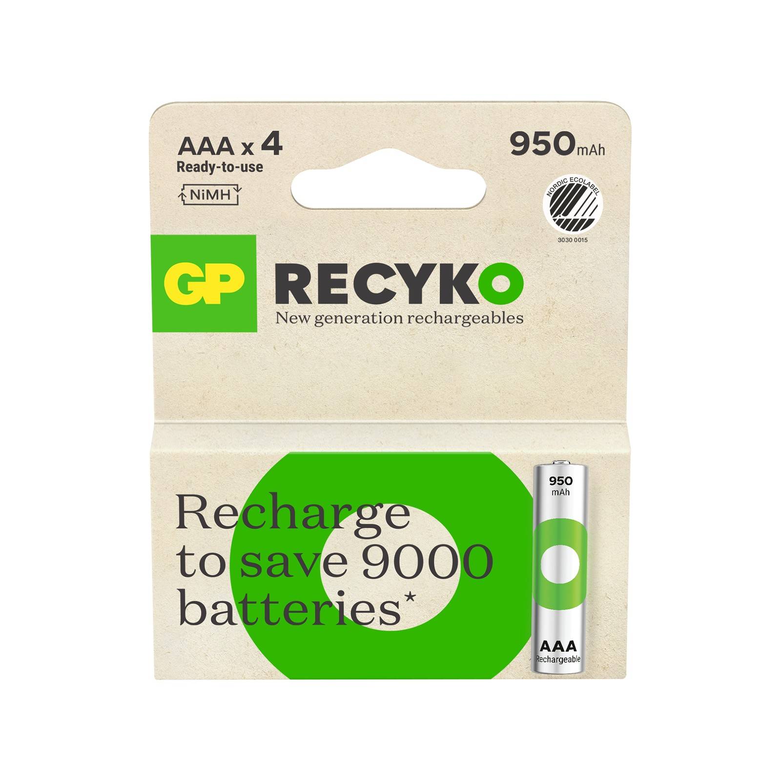 Laddningsbara batterier GP RECyko+, förladdade, NiMH