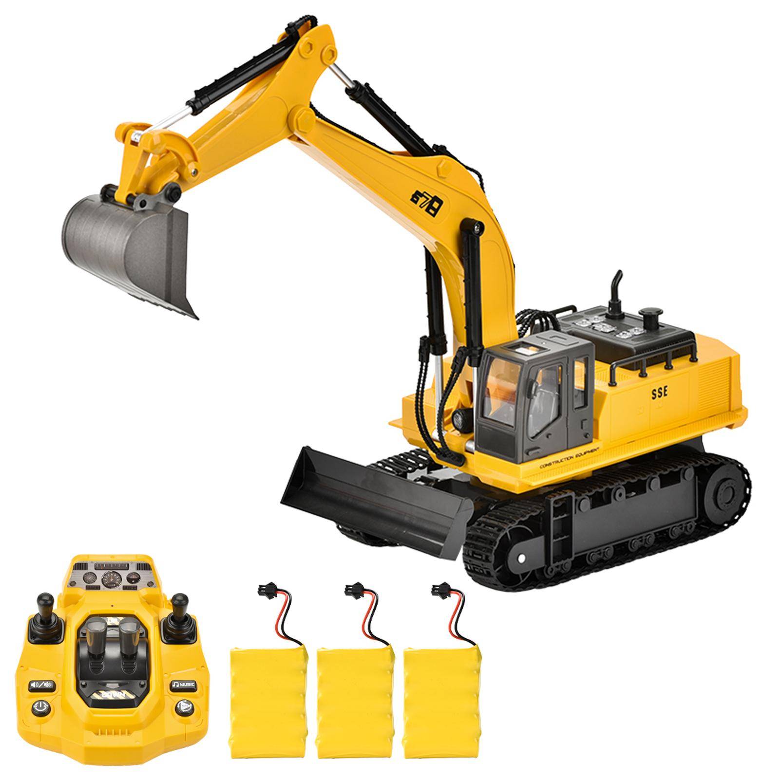 Fjärrstyrd grävmaskin och bulldozerleksak, 15-kanals anläggningsfordon med ljus och ljud 3 3 Battery gul