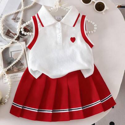 2 st set med hjärtbroderad pikékrage, ärmlös topp och plisserad kjol i midjan för babyflickor, söt och elegant gatustil. - Röd (6-9M,9-12M,12-18M,18-24M,2-3Y)