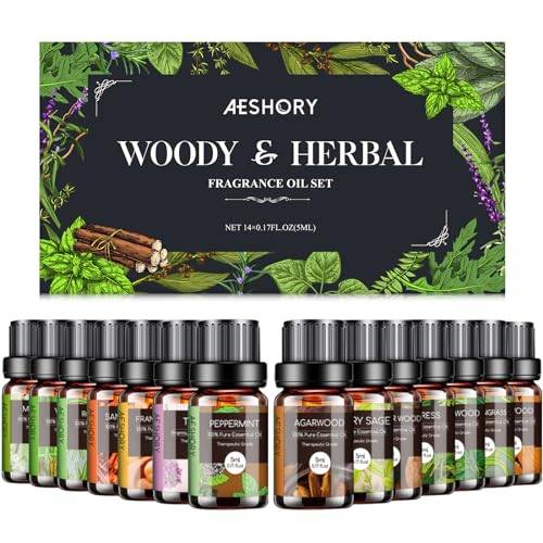 AESHORY Träig & Örtbaserad Eteriska Oljor Set 14 x 5ML, 100% Naturlig Aroma Diffuser Olja Gift Set, Aromaterapi Oljor Doftoljor för Diffusorer, SPA, Massage, Avkoppling, Tvål, Bad presentset