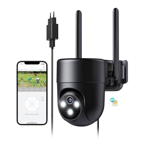 NUASI 4G LTE övervakningskamera utomhus med SIM-kort, 24/7 kamera med SIM och 2K mörkerseende, mänsklig detektion med AI, PTZ 360°, tvåvägs ljud