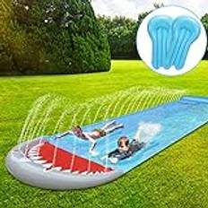 Ansobea 550 x 145 cm vattenrutschkana, dubbel vattenrutschkana, vattenleksak, vattenmatta med 2 bodyboards, sommarleksak med sprinkler, hajstil, utomhus, vattenrutschmatta för barn