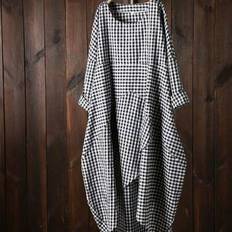 Bekväm Lös Pläd Cross-Over Elegant Rund Neck Klänning - Svart (0XL,1XL,2XL,3XL,4XL,5XL)