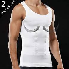 Kompressionsskjorta för män 2 st slimmande Body Shaper-väst Gym träningslinne ärmlös mage Shapewear Gynecomastia Compression Shirts, magkontrollundert - Vitt (L,M,S,XL,XXL,XXXL,XXXXL)