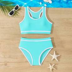 Tween Girls Colorblock Trim Rund Neck Bikini 2 delar Badkläder Set - Blå (8Y,9Y,10Y,11Y,12Y)
