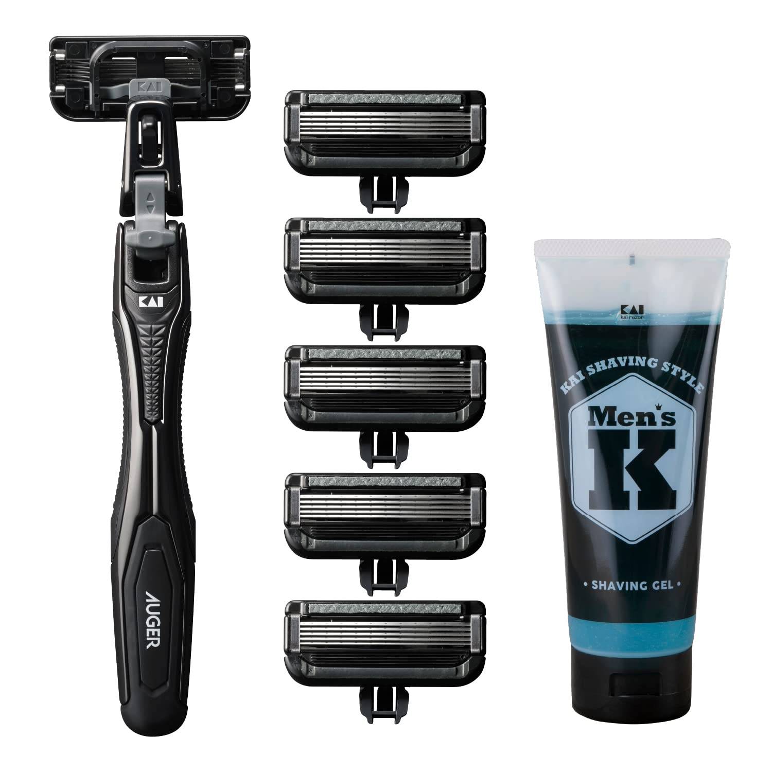 Kai Auger Razor Replacement Shaving 5 Blades Set, Blades, Gel, T-Shaped Razor, svart