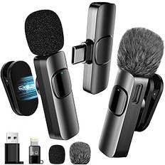 Uppgraderad 3-i-1 trådlös Lavalier-mikrofon med en justerbar krage-klämma och adapter – Kompatibel med iPhone/Android/dator – minimikrofon för videoinspelning/podcasts, brusreducerande
