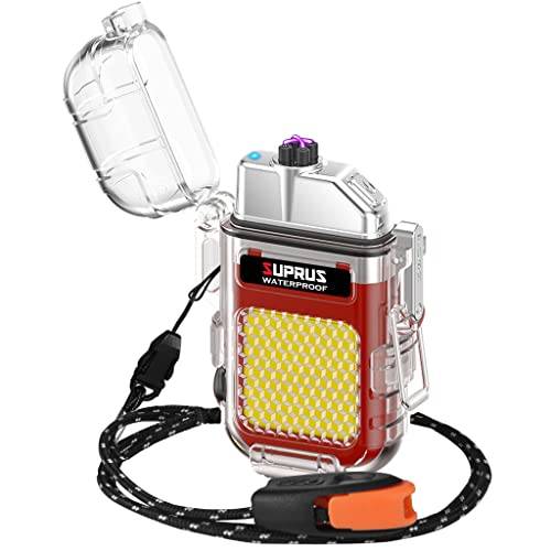 SUPRUS vattentät tändare, 3 lägen, ficklampa, vindtät, dubbelbåge, uppladdningsbar, Dual Arc plasma-tändare med nödvisselpipa och snodd