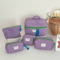 Classic Plaid Makeup Bag, Fabric Soft Zipper Print Cosmetic Pouch, Simple Checkered Pattern Large Capacity Home Travel Toiletry Organizer - Purple - Multi-size