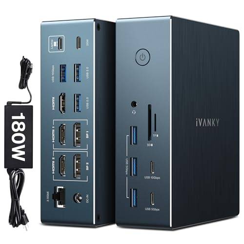 iVANKY Triple Display DisplayLink Docking Station for Window/MacBook Pro | mit 180W Netzteil, 4K@60Hz, 20-in-1 Dock für M5/4/3/2/1 Mac/Windows, 2.5GbE, 3 HDMI, 10Gbp, DisplayLink-Treiber erforderlich