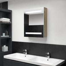 vidaXL badeværelsesskab med spejl + LED-lys 50x14x60 cm egetræ og hvid
